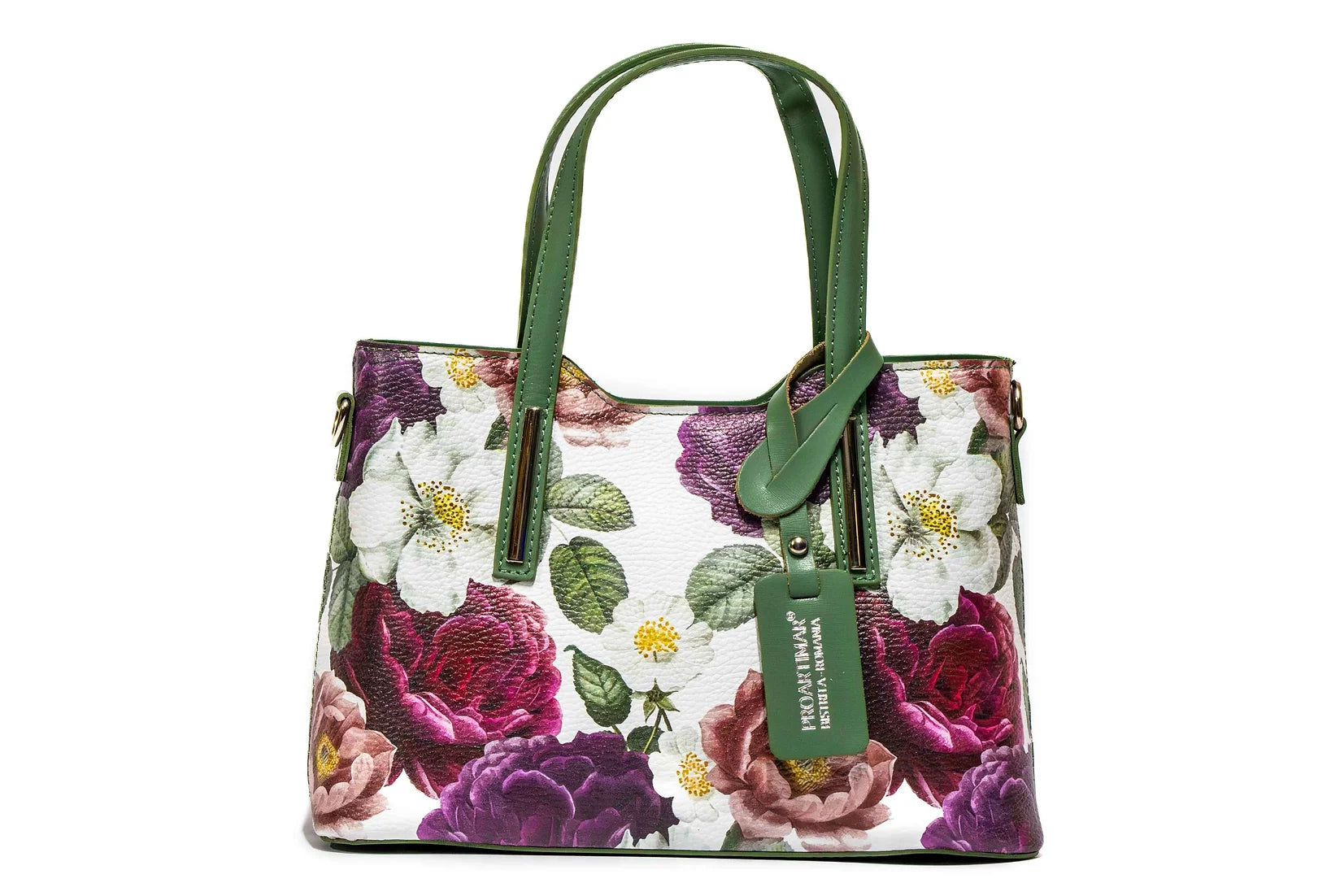 Geanta dama eleganta din piele naturala de vitel imprimeu FLORAL GREEN