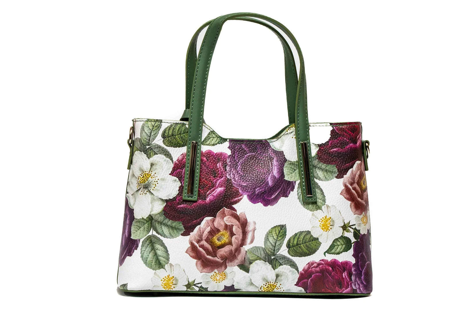 Geanta dama eleganta din piele naturala de vitel imprimeu FLORAL GREEN