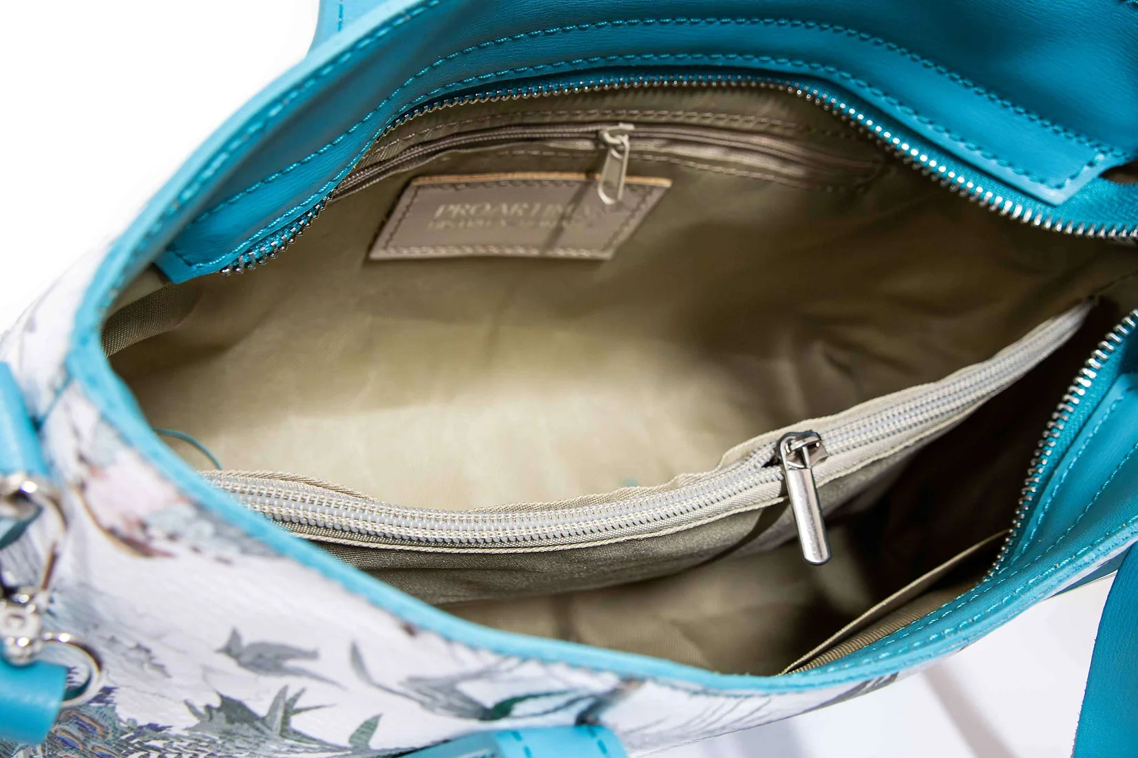 Geanta dama eleganta din piele naturala de vitel imprimeu FLORAL AQUA , 6 buzunare