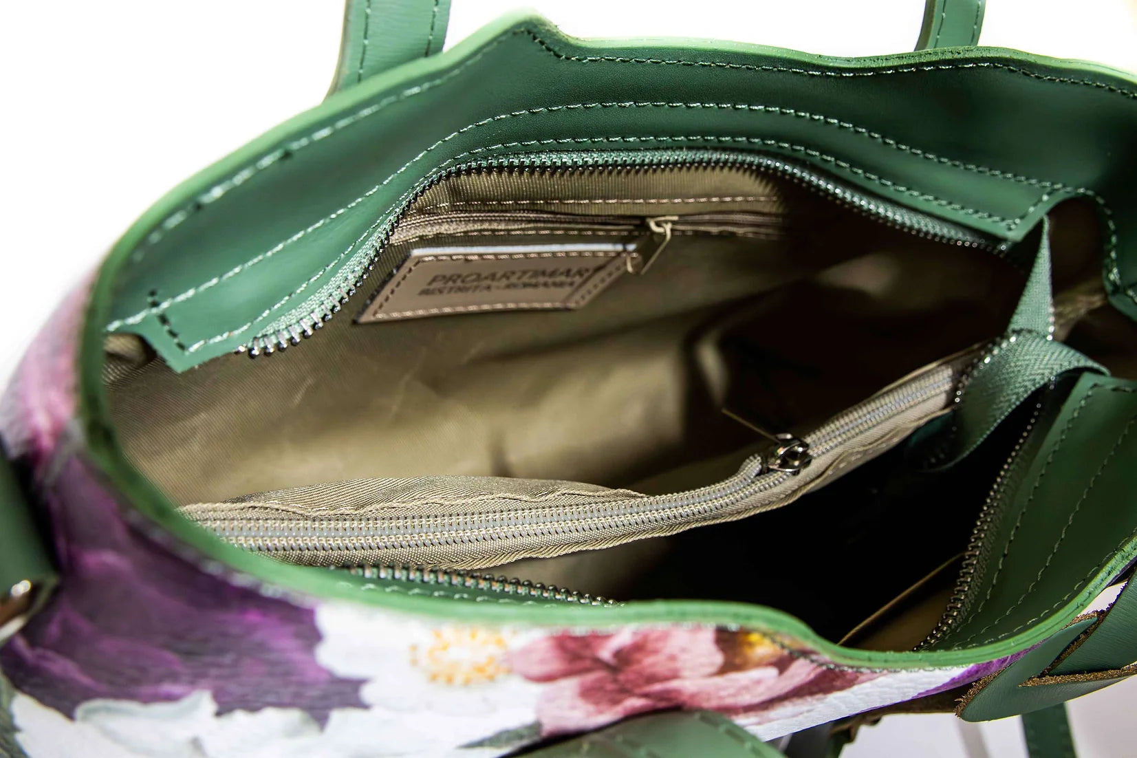 Geanta dama eleganta din piele naturala de vitel imprimeu FLORAL GREEN