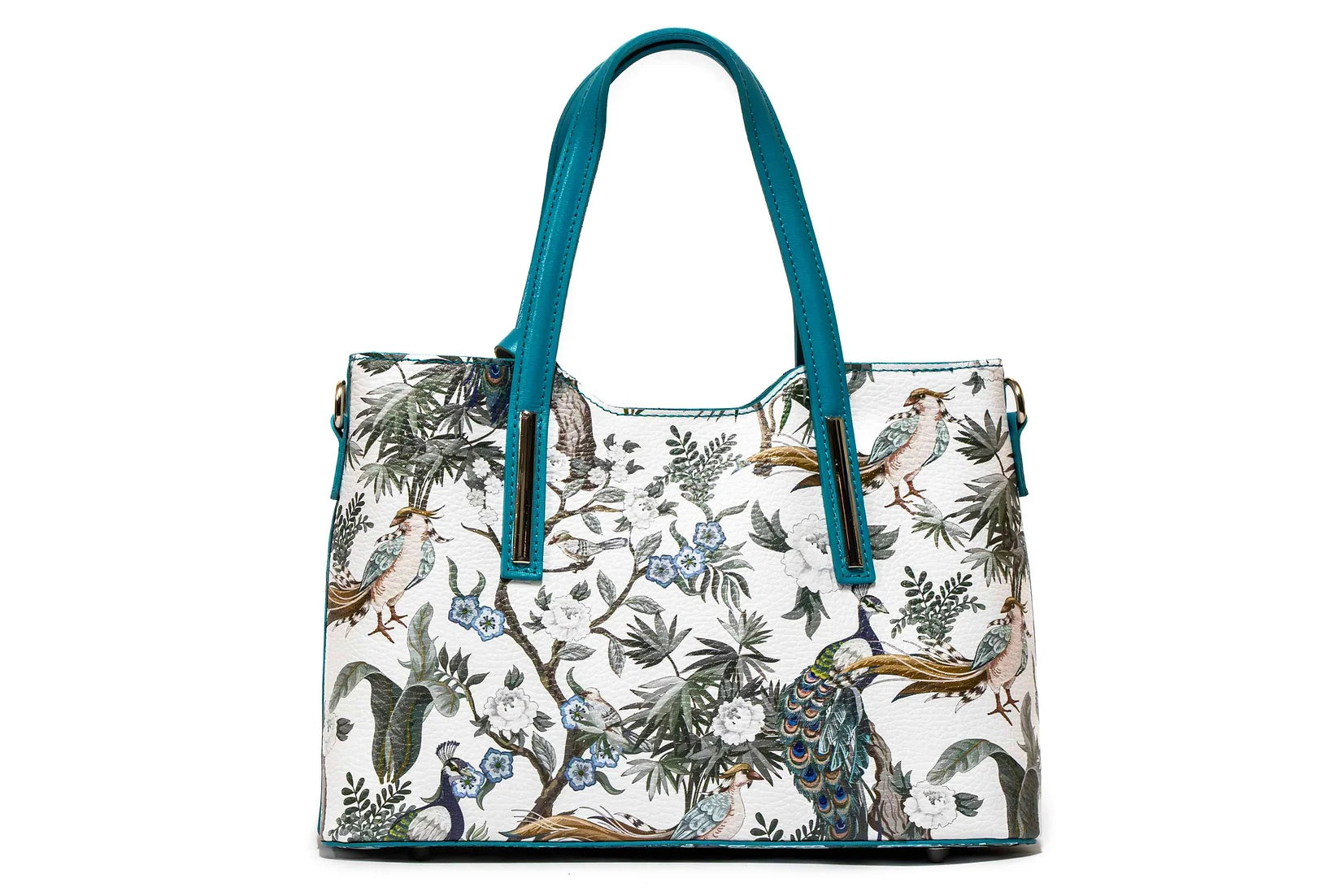 Geanta dama eleganta din piele naturala de vitel imprimeu FLORAL AQUA , 6 buzunare