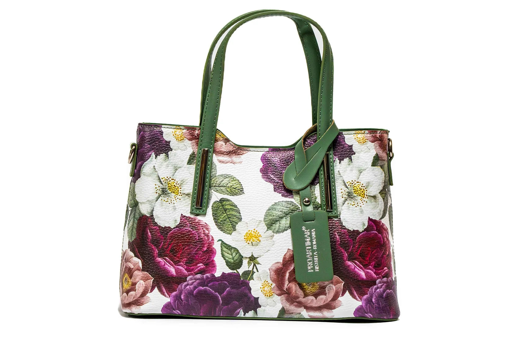 Geanta dama eleganta din piele naturala de vitel imprimeu FLORAL GREEN