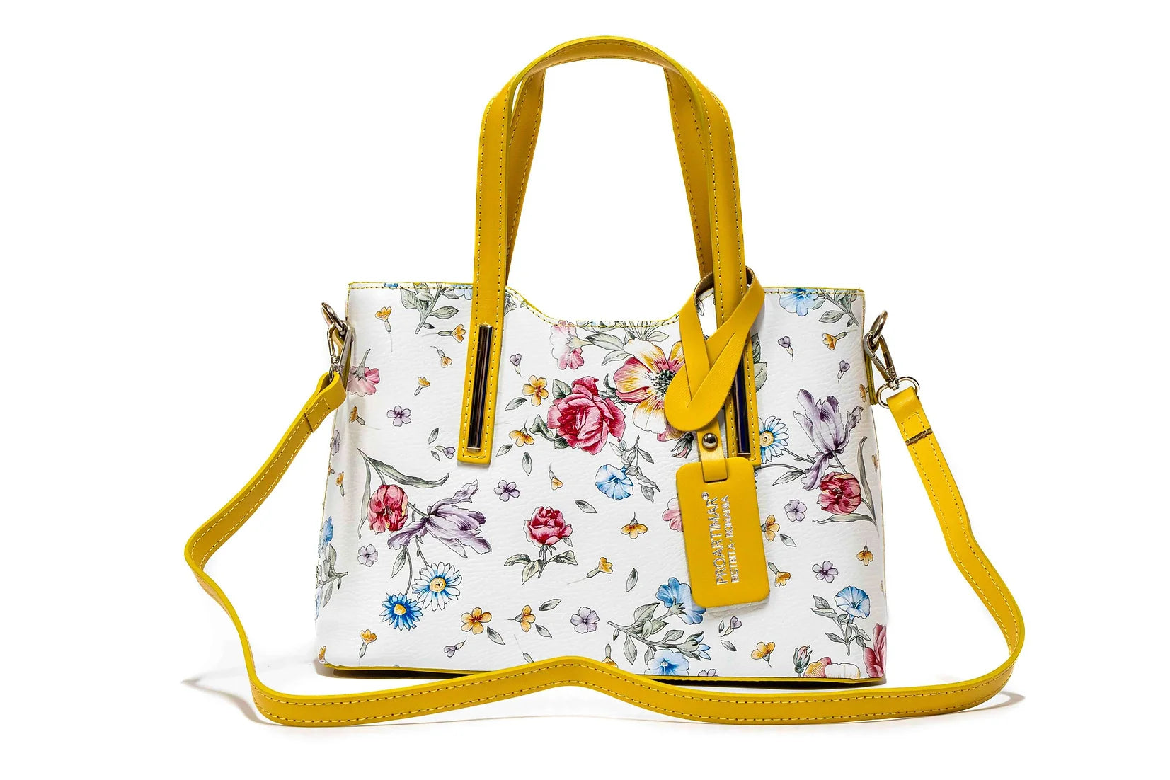 Geanta dama eleganta din piele naturala de vitel imprimeu FLORAL YELLOW