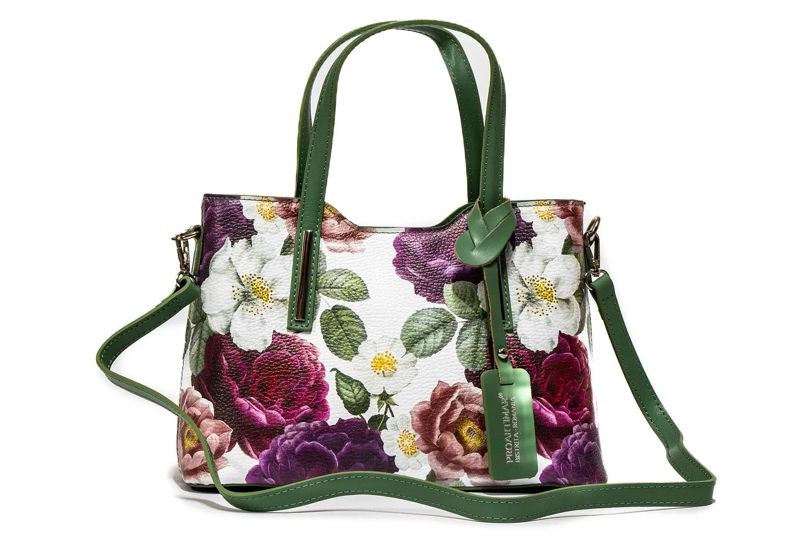 Geanta dama eleganta din piele naturala de vitel imprimeu FLORAL GREEN