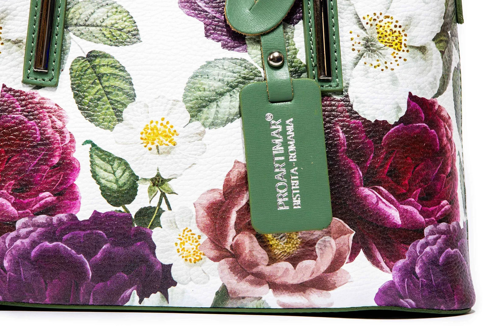 Geanta dama eleganta din piele naturala de vitel imprimeu FLORAL GREEN