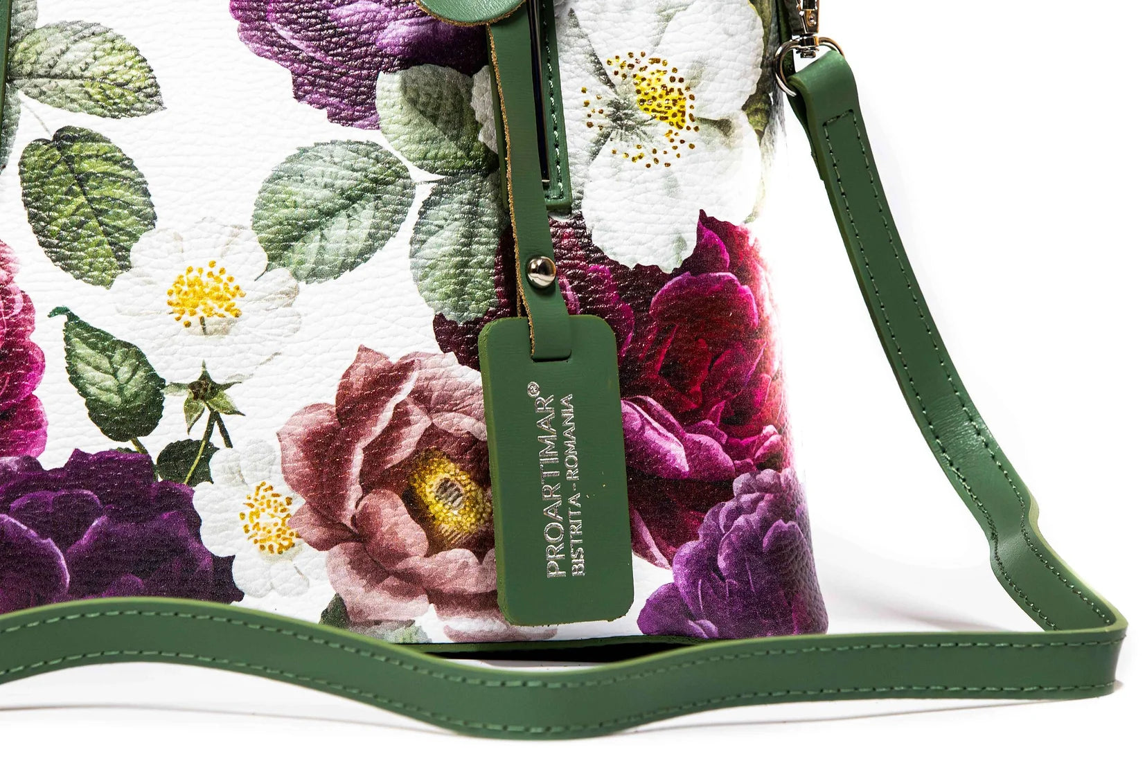 Geanta dama eleganta din piele naturala de vitel imprimeu FLORAL GREEN