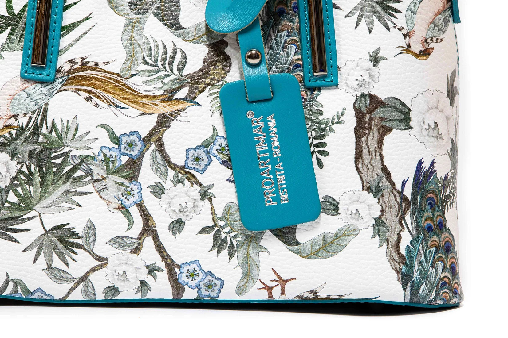 Geanta dama eleganta din piele naturala de vitel imprimeu FLORAL AQUA , 6 buzunare