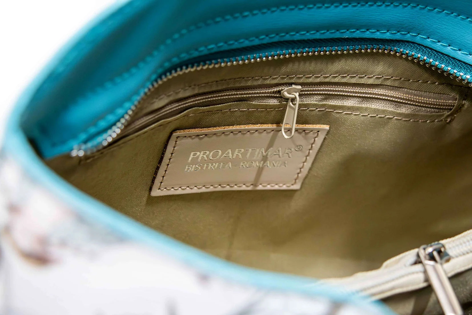 Geanta dama eleganta din piele naturala de vitel imprimeu FLORAL AQUA , 6 buzunare