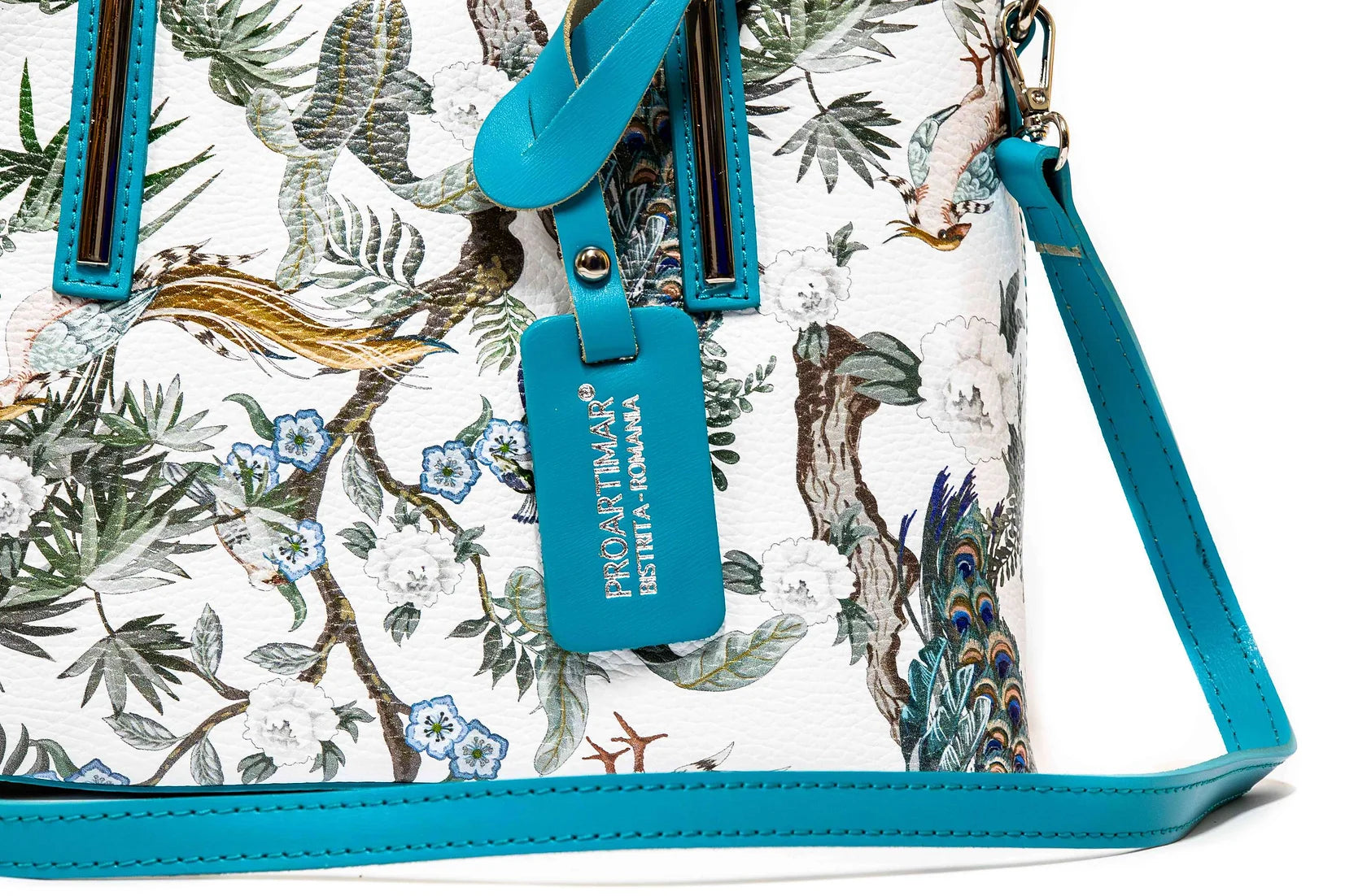 Geanta dama eleganta din piele naturala de vitel imprimeu FLORAL AQUA , 6 buzunare
