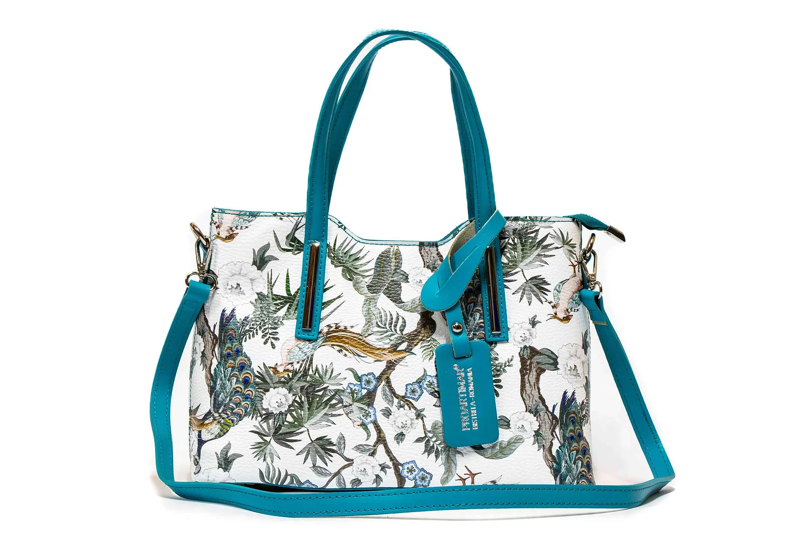 Geanta dama eleganta din piele naturala de vitel imprimeu FLORAL AQUA , 6 buzunare