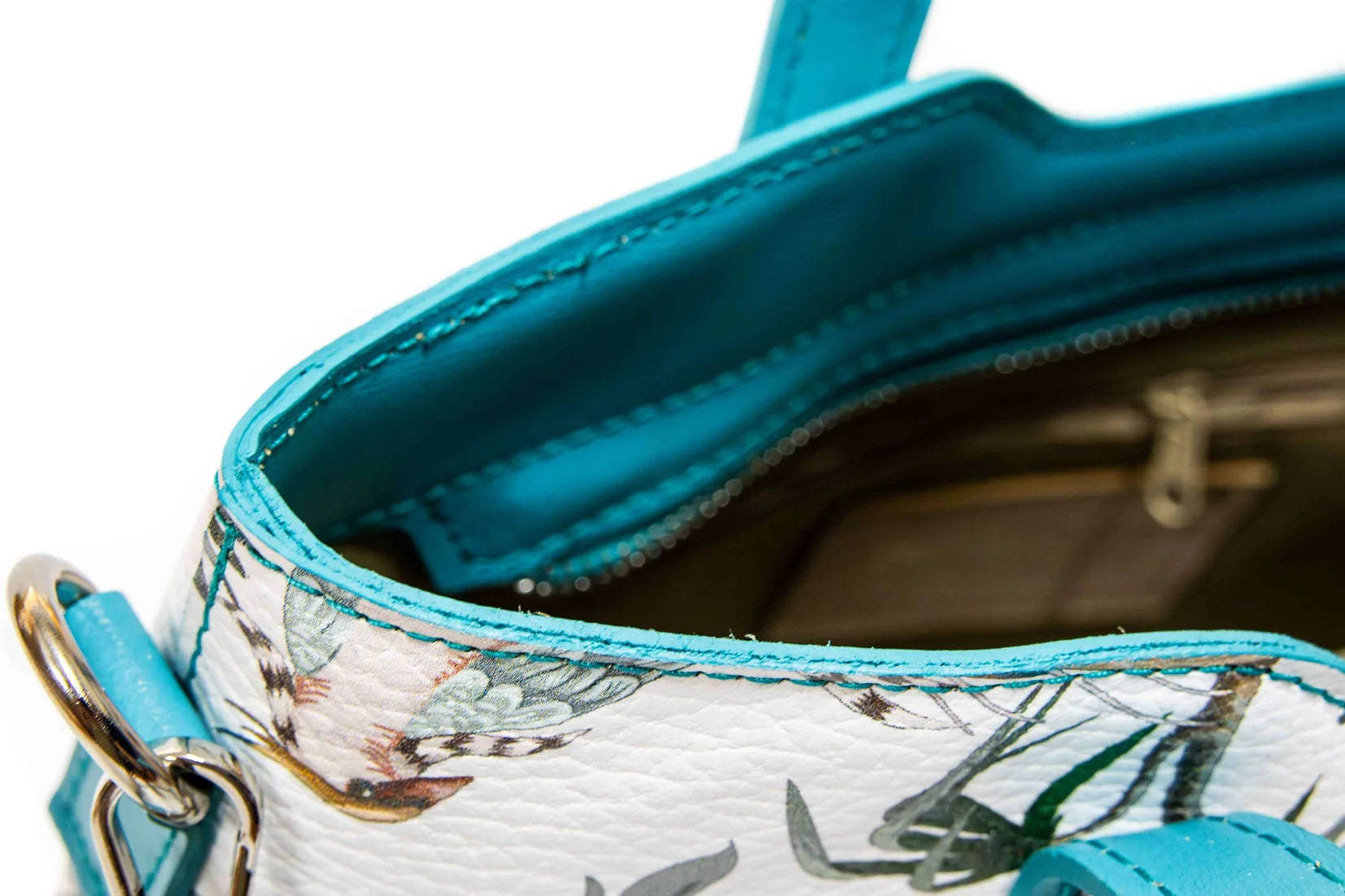 Geanta dama eleganta din piele naturala de vitel imprimeu FLORAL AQUA , 6 buzunare