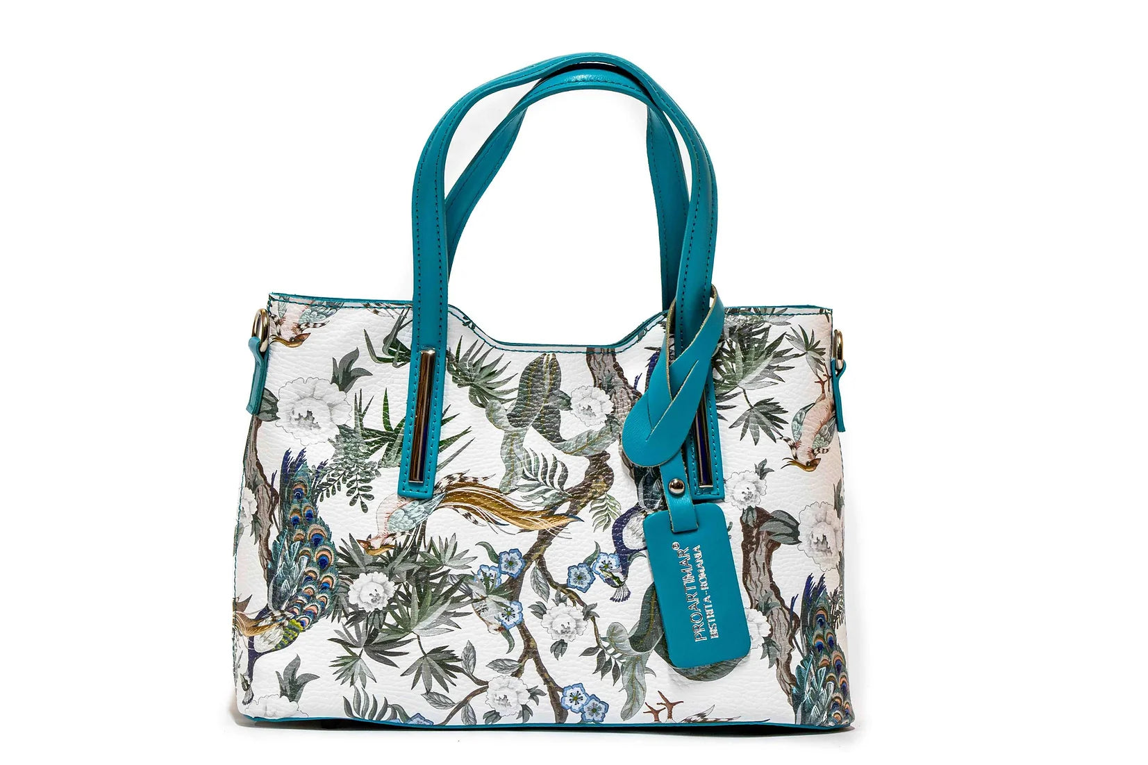 Geanta dama eleganta din piele naturala de vitel imprimeu FLORAL AQUA , 6 buzunare